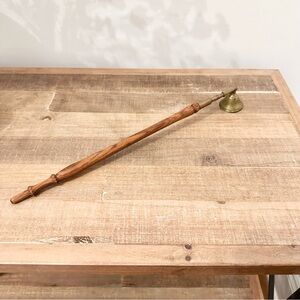Brass Candle Snuffer with Wood Handle and Ornate Design 14 Inches Long Vintage